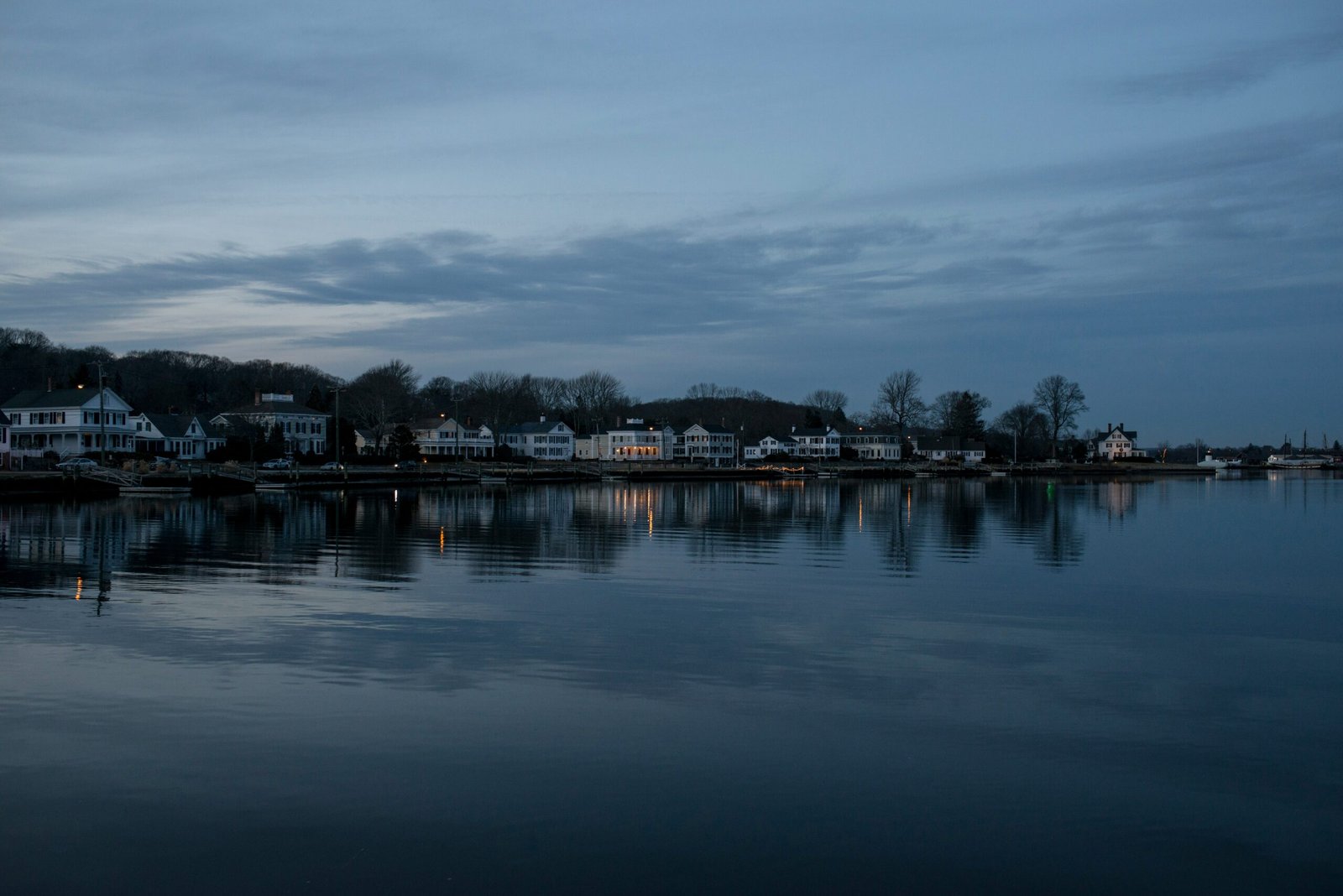 Connecticut coastal town at dusk